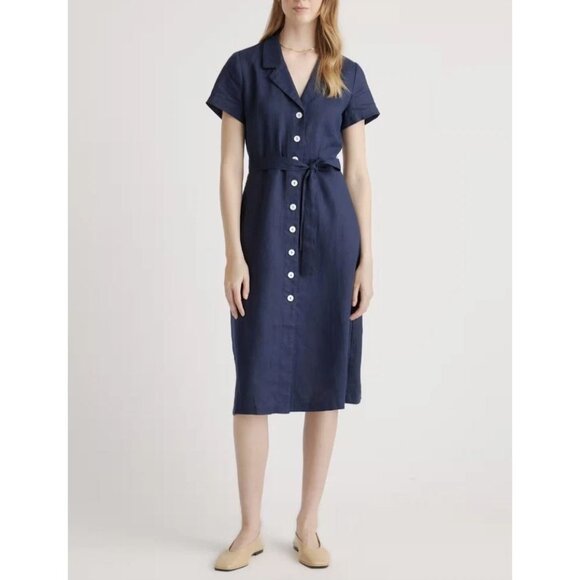 Quince Dresses & Skirts - Quince Womens Small Navy Short Sleeve 100% European Linen Button Up Midi Dress